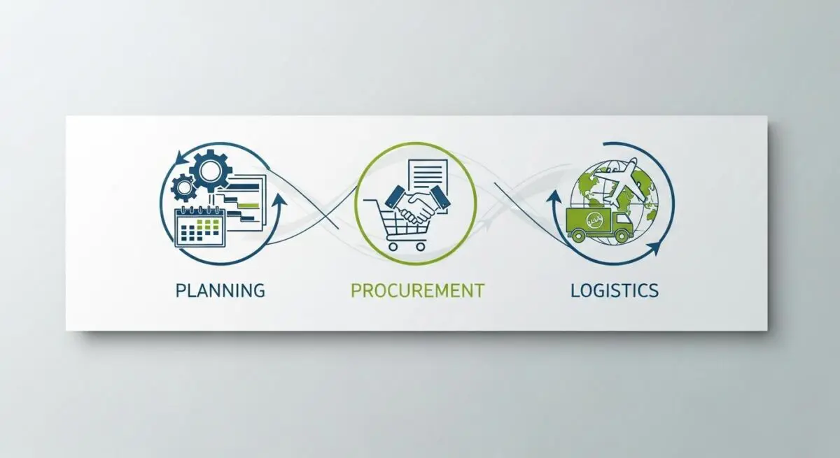 Diagram of planning, procurement, and logistics as key components of the best SCM suites.