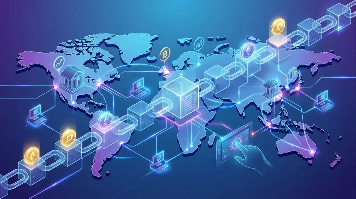 An isometric, glowing conceptual illustration features a prominent digital blockchain stretching across a stylized world map, seamlessly connecting traditional bank icons, global network nodes, mobile transactions, and various cryptocurrency tokens.