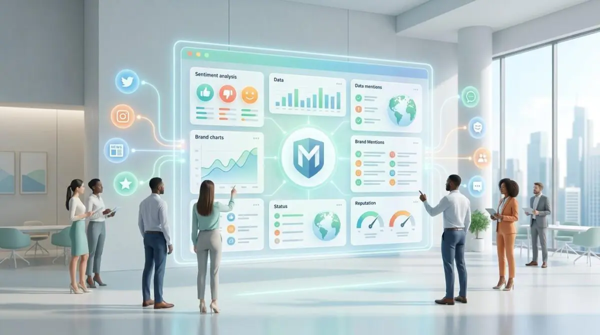Professionals analyze a large display showing sentiment analysis and brand metrics for managing brand reputation across LLMs.
