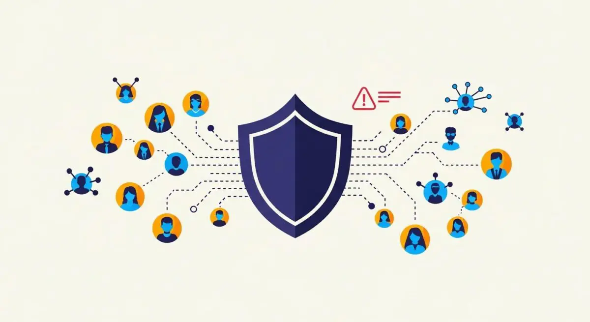 Central shield graphic connected to multiple user icons, symbolizing a bug bounty program.