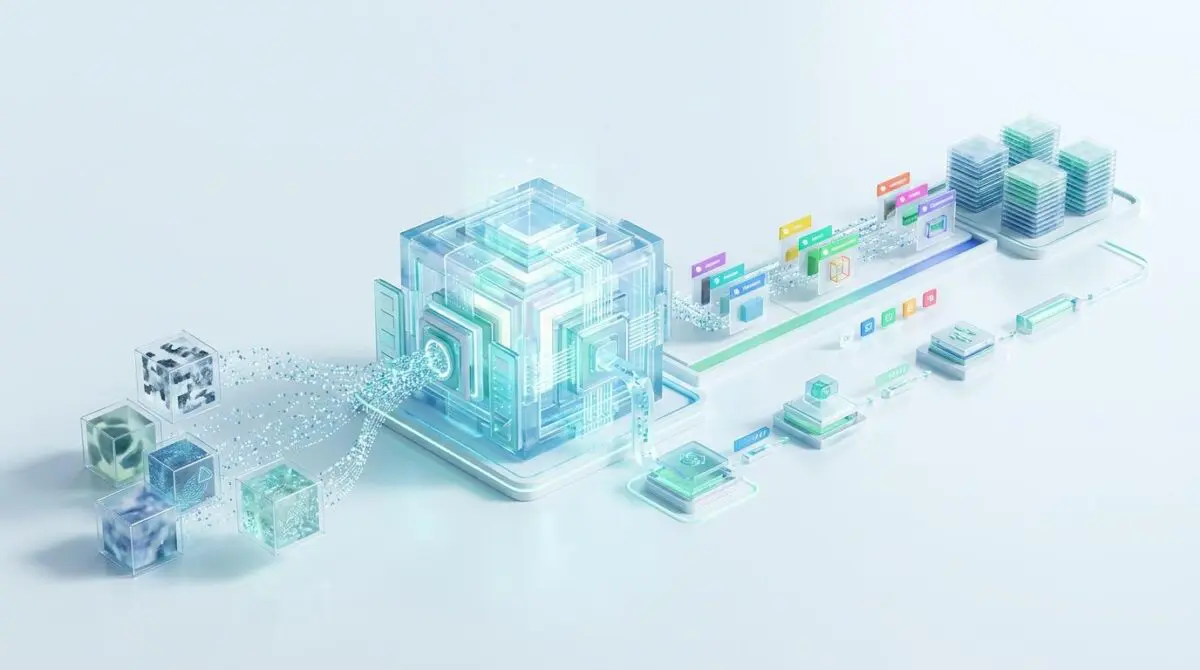 Foundation model processes data for automated labeling pipelines, visualizing input cubes and output streams.