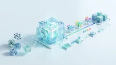 Foundation model processes data for automated labeling pipelines, visualizing input cubes and output streams.