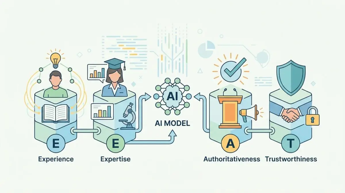 Diagram illustrating Building E-E-A-T for AI Models: Experience, Expertise, Authoritativeness, and Trustworthiness.