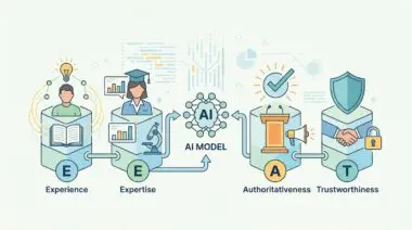 Diagram illustrating Building E-E-A-T for AI Models: Experience, Expertise, Authoritativeness, and Trustworthiness.