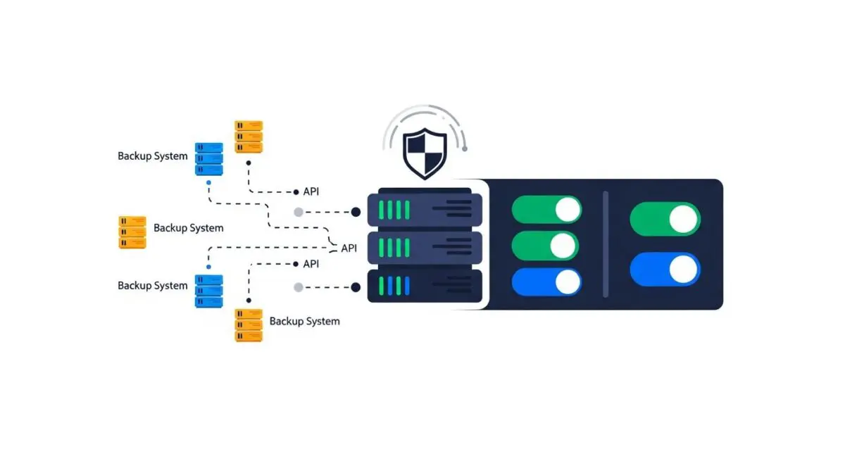 Diagram illustrating multiple backup systems feeding into a central server for Business Continuity Planning (BCP).