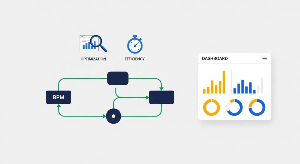 Diagram illustrating Business Process Management (BPM) with icons for optimization and efficiency, next to a dashboard.