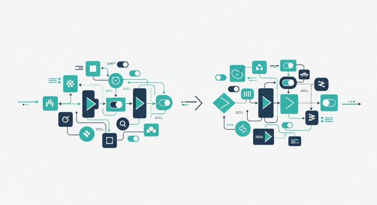 Diagram showing a complex process flowchart transforming into a simplified one, illustrating Business Process Re-engineering.