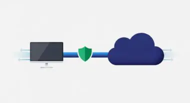 A computer screen is connected to a cloud via a blue line protected by a green shield, representing CASB.
