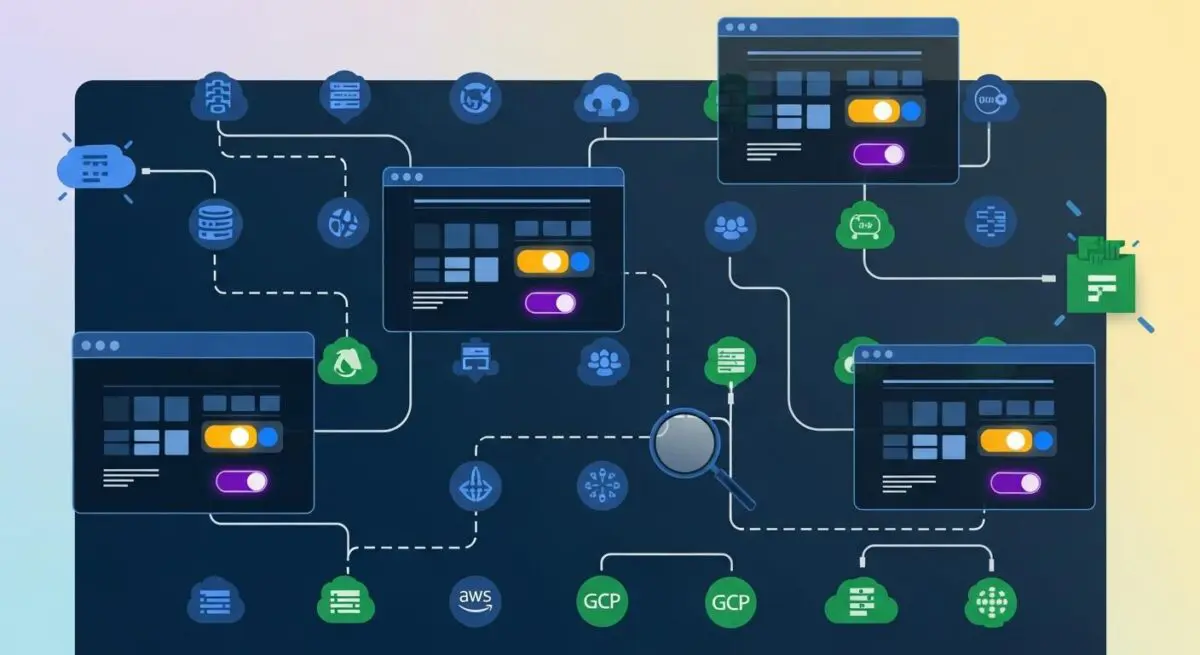 Diagram illustrating CIEM, showing cloud icons, user groups, servers, and switches within connected interfaces.