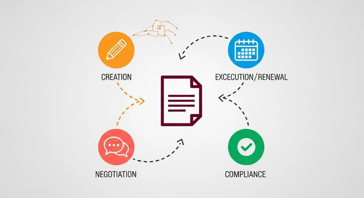 Diagram illustrating the CLM (Contract Lifecycle Management) process: Creation, Negotiation, Compliance, and Execution/Renewal.