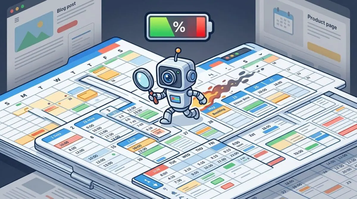 An illustration shows a search bot with a magnifying glass walking across infinite calendar grids while a battery drains, depicting crawl budget waste.
