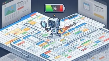 An illustration shows a search bot with a magnifying glass walking across infinite calendar grids while a battery drains, depicting crawl budget waste.