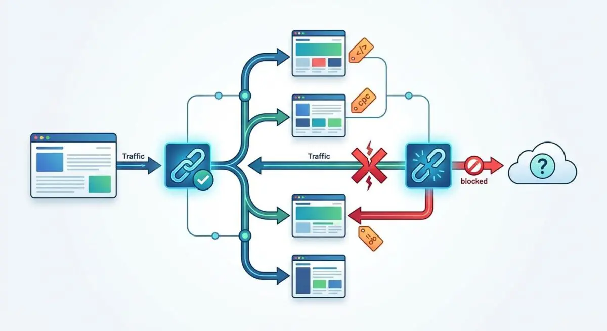 Flowchart showing traffic redirection and blocked paths due to alternate page with proper canonical tag errors.