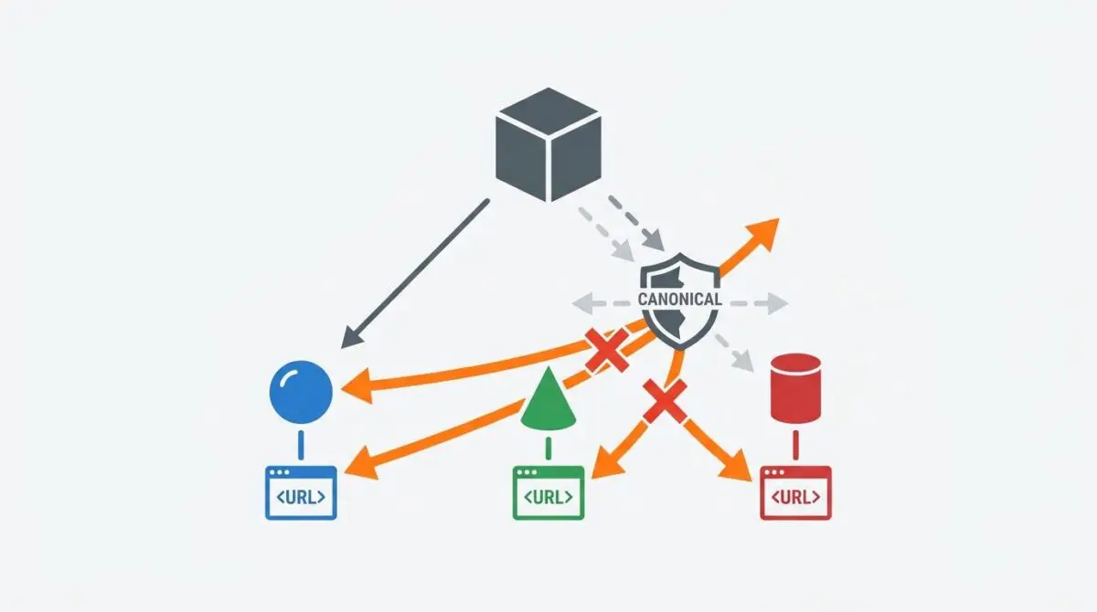 Diagram showing multiple URLs being blocked from a canonical source, preventing product variants cannibalizing the main product URL.