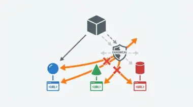 Diagram showing multiple URLs being blocked from a canonical source, preventing product variants cannibalizing the main product URL.