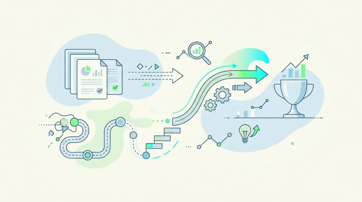 Illustration showing a winding path leading to stairs, then to a trophy, symbolizing why case studies and original walkthroughs are goldmines for GEO.