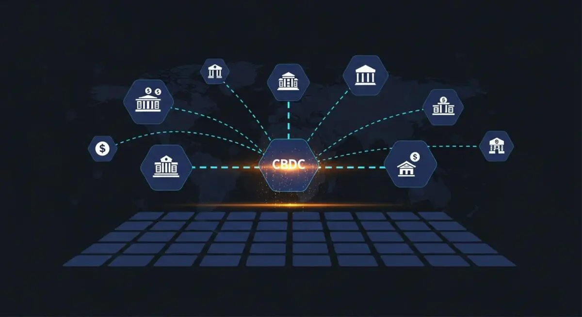 Central Bank Digital Currency (CBDC) ecosystem graphic showing interconnected financial institutions.