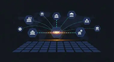 Central Bank Digital Currency (CBDC) ecosystem graphic showing interconnected financial institutions.