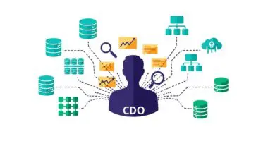Silhouette of a Chief Data Officer (CDO) surrounded by data nodes, charts, and magnifying glasses.