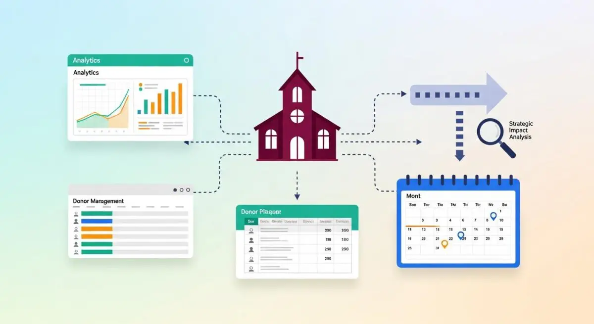 Diagram illustrating church operations management with analytics, donor management, and strategic impact analysis for ChMS.