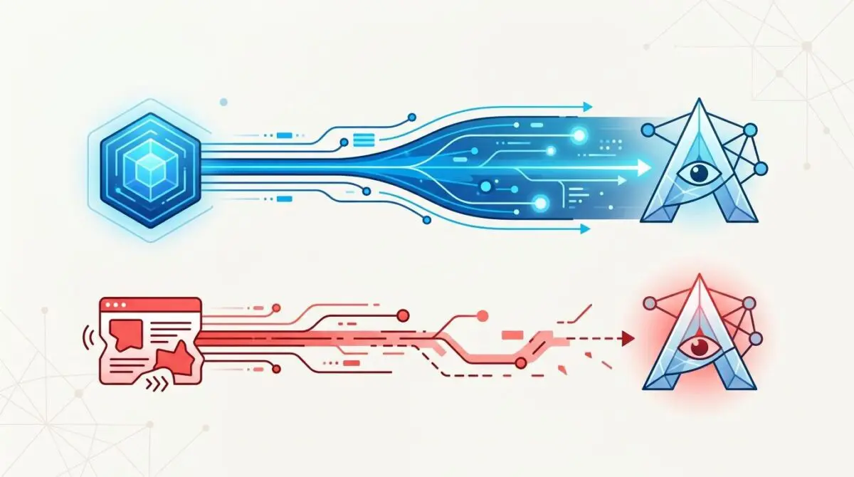AI crawler interacting with clean code (blue) vs. heavy scripts (red) affecting performance.