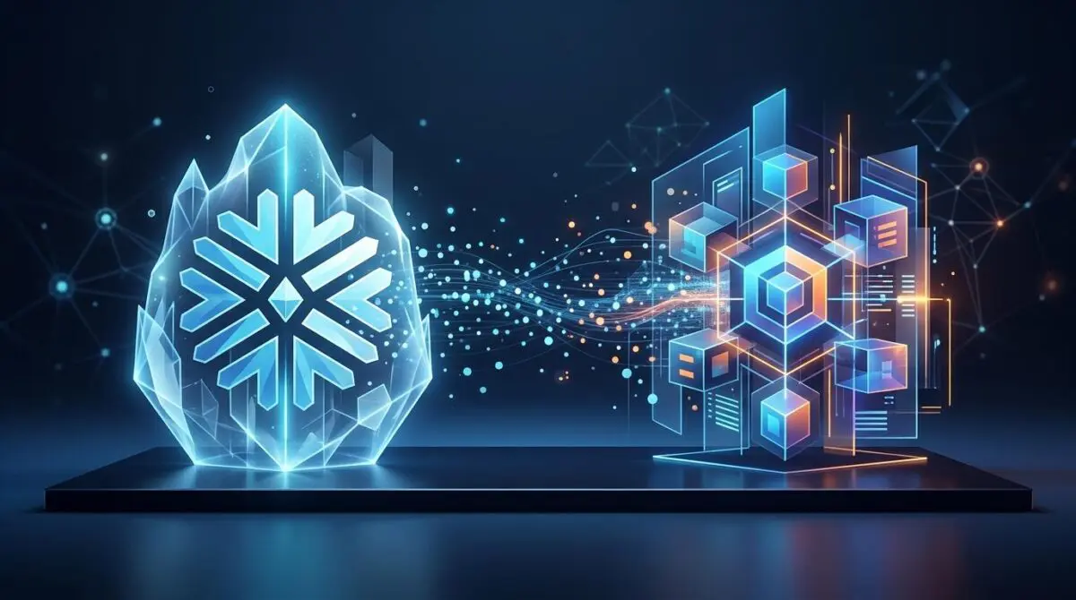 Abstract glowing snowflake and interconnected cubes representing cloud data warehouses like Snowflake and BigQuery.