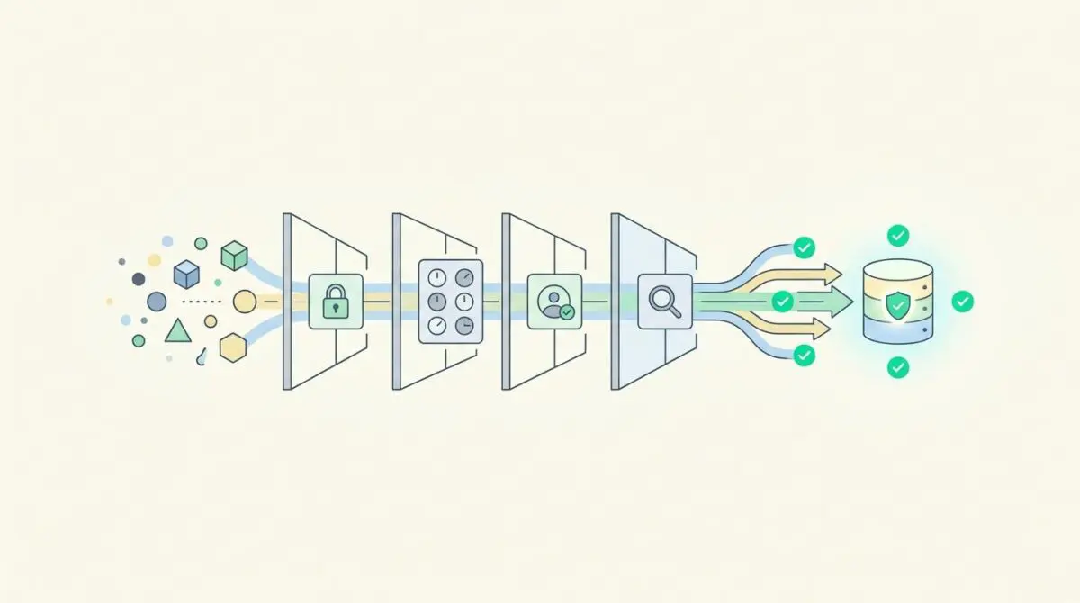 Data privacy compliance flowchart with lock, consent icons, leading to secure database.