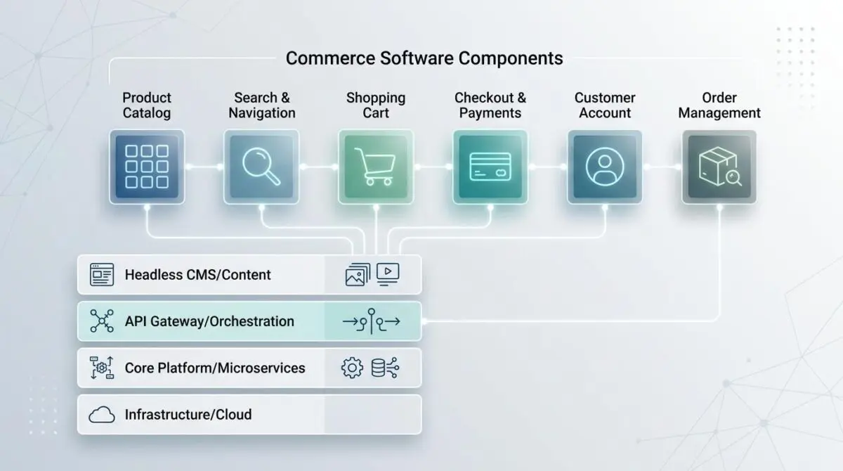 Diagram showing composable commerce software components like product catalog, checkout, and order management.