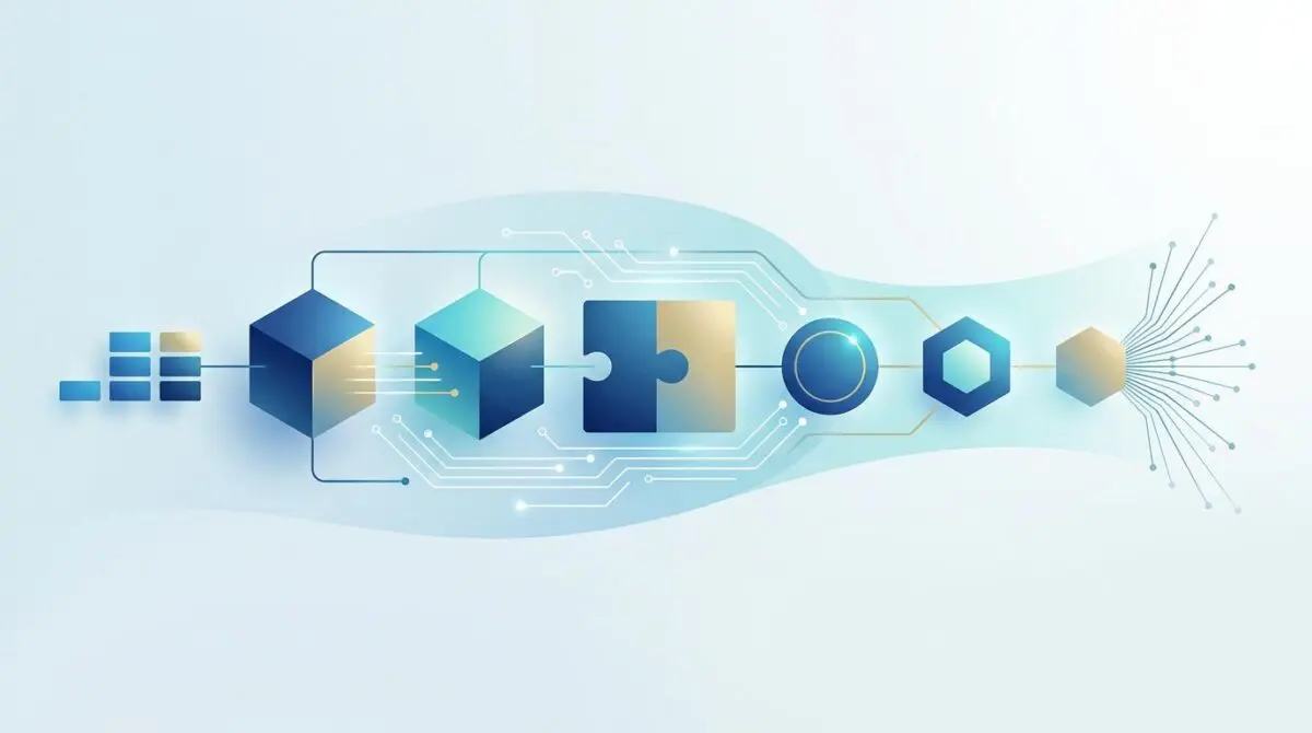 Abstract graphic of connected shapes forming a fintech stack, representing data integration. The ultimate Fin-tech "stack" for a client.