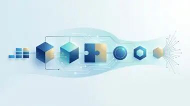 Abstract graphic of connected shapes forming a fintech stack, representing data integration. The ultimate Fin-tech "stack" for a client.