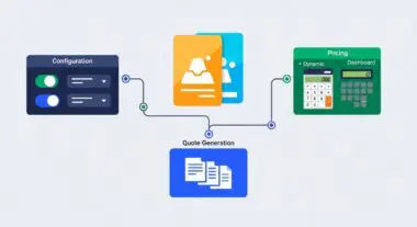 Diagram illustrating Configure, Price, Quote (CPQ) process with icons for configuration, pricing, and quote generation.