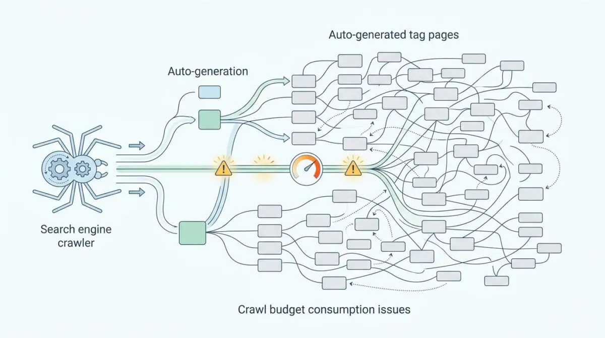 Search engine crawler facing crawl budget consumed by auto-generated tag pages offering no unique value.