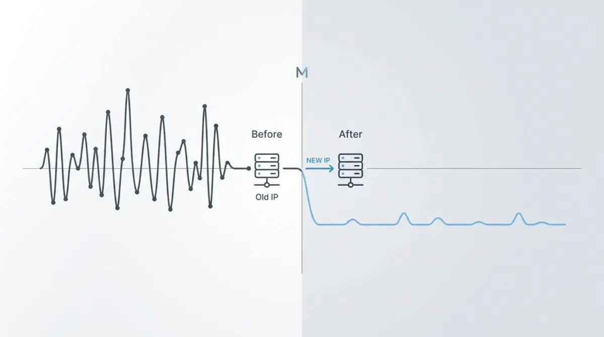 Graph showing crawl rate dropping significantly after server migration to a new IP address.