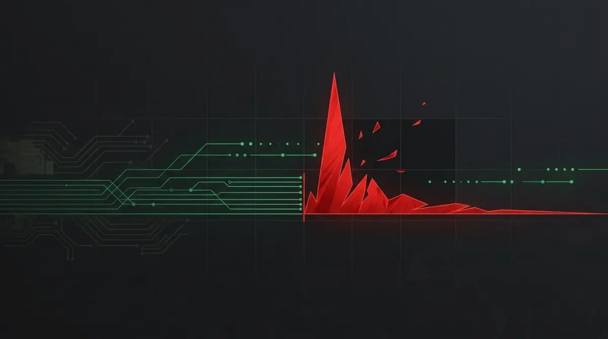 Abstract graph showing a sharp spike in red representing 404 errors after a stable green line indicating normal crawl stats.