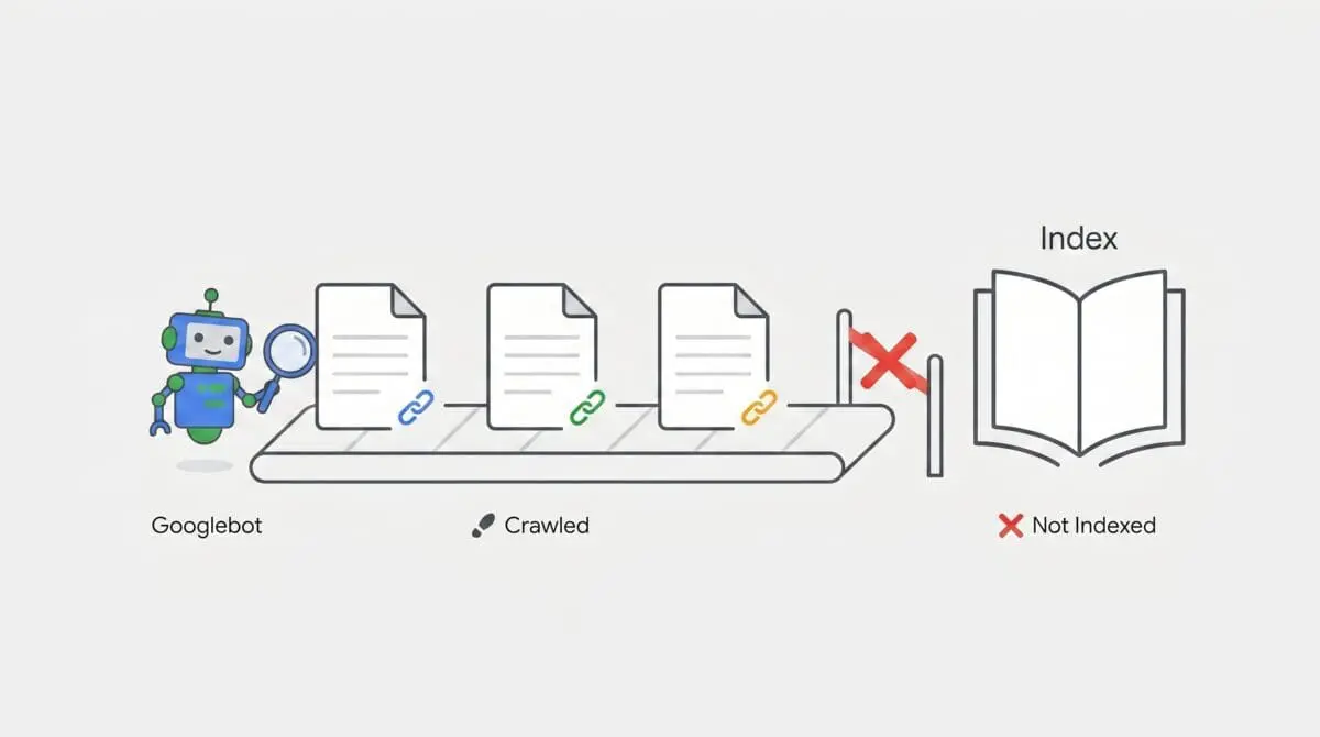 Illustration of Googlebot crawling pages on a conveyor belt but being blocked from entering the search index.
