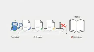 Illustration of Googlebot crawling pages on a conveyor belt but being blocked from entering the search index.