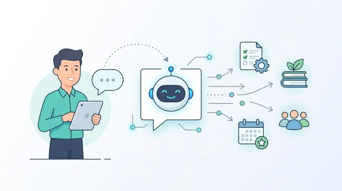 Man with tablet interacting with an AI chatbot for building custom HR onboarding.