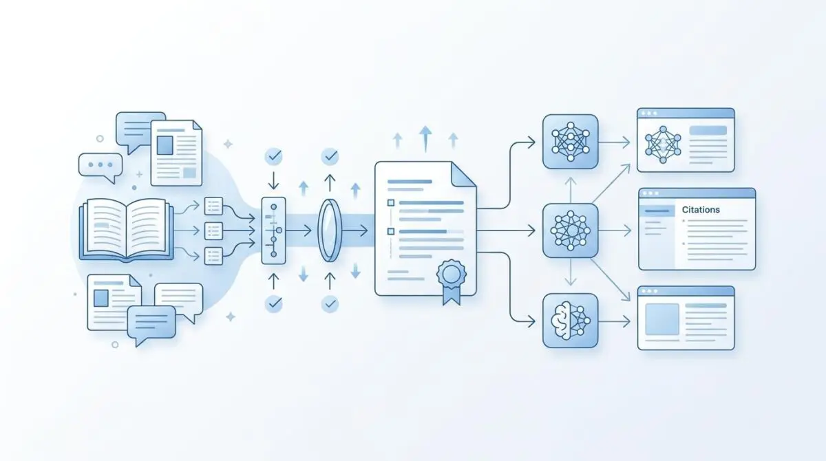 Diagram showing how definitive language from resources leads to AI citations and content.