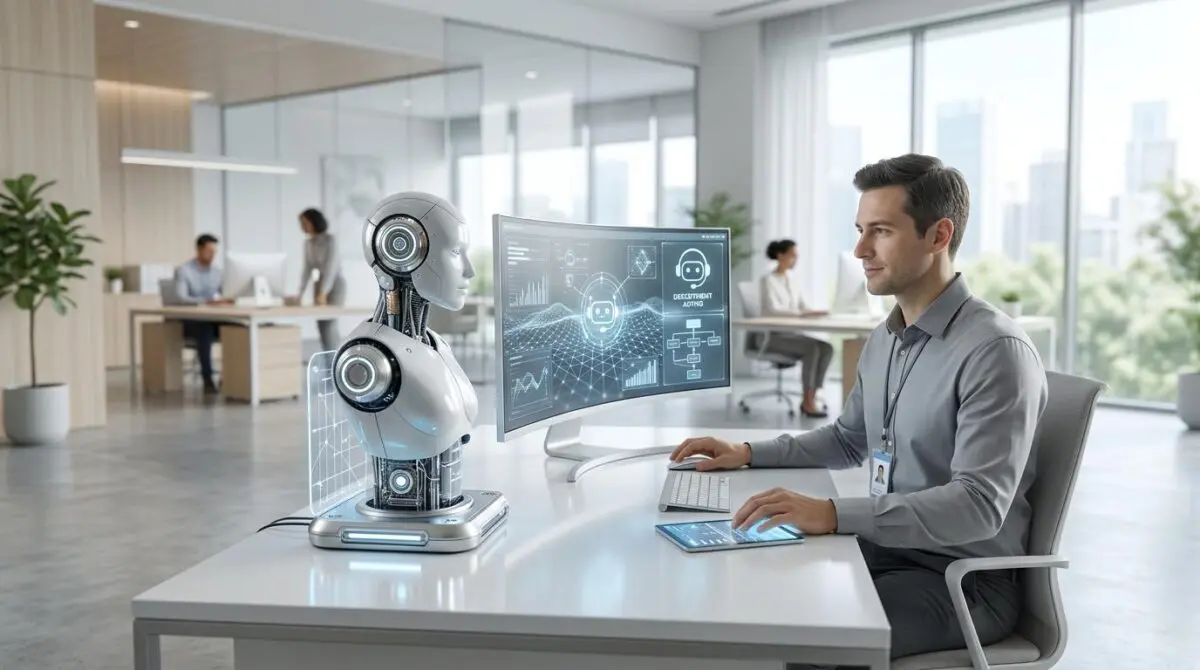 Man and AI robot collaborating to deploy AI agents for tier 1 IT helpdesk support, analyzing data.