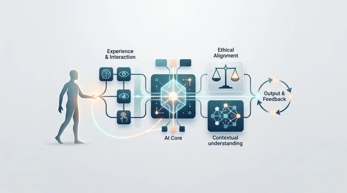 Human silhouette interacting with an AI core to design AI systems that augment and empower humans.