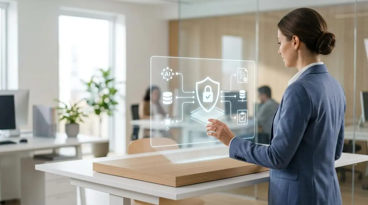 Businesswoman interacting with AI usage policy hologram, featuring security icons and compliance data.