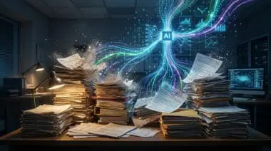 Cinematic illustration of messy piles of tax paperwork dissolving into glowing, colorful streams of digital data fed into a central AI hub.
