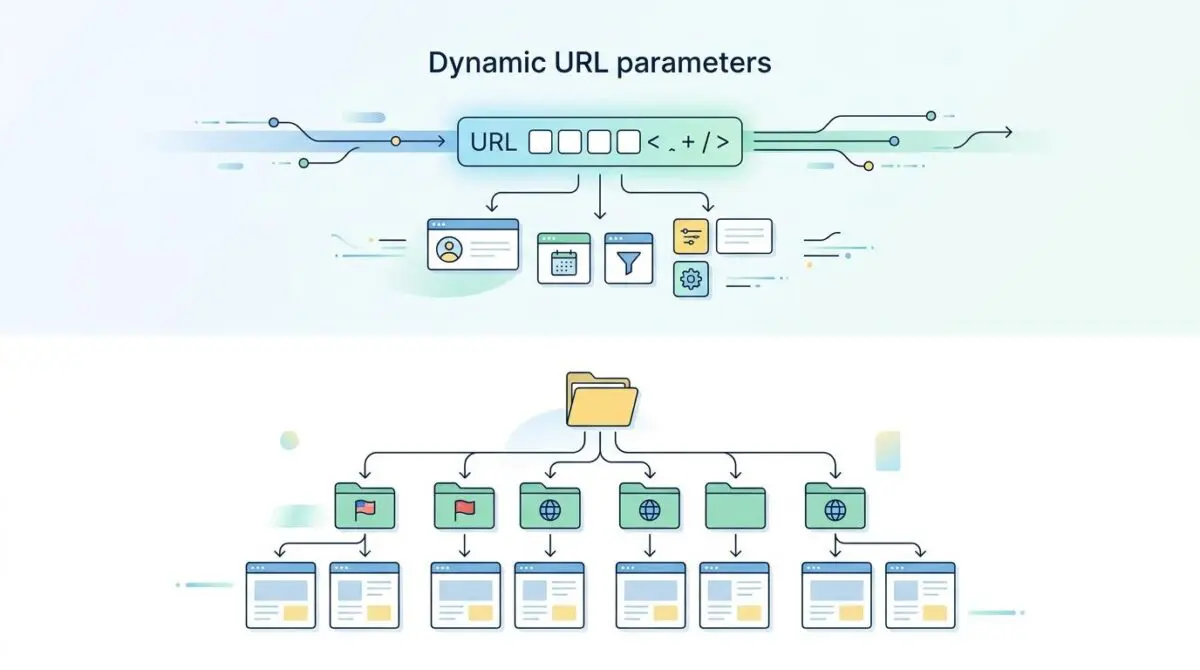 Diagram showing dynamic URL parameters affecting site structure, contrasting with static subdirectories.