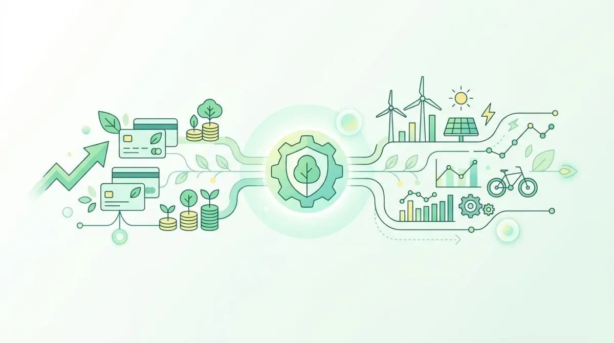 Green finance icons representing eco-conscious consumer FinTech tools.