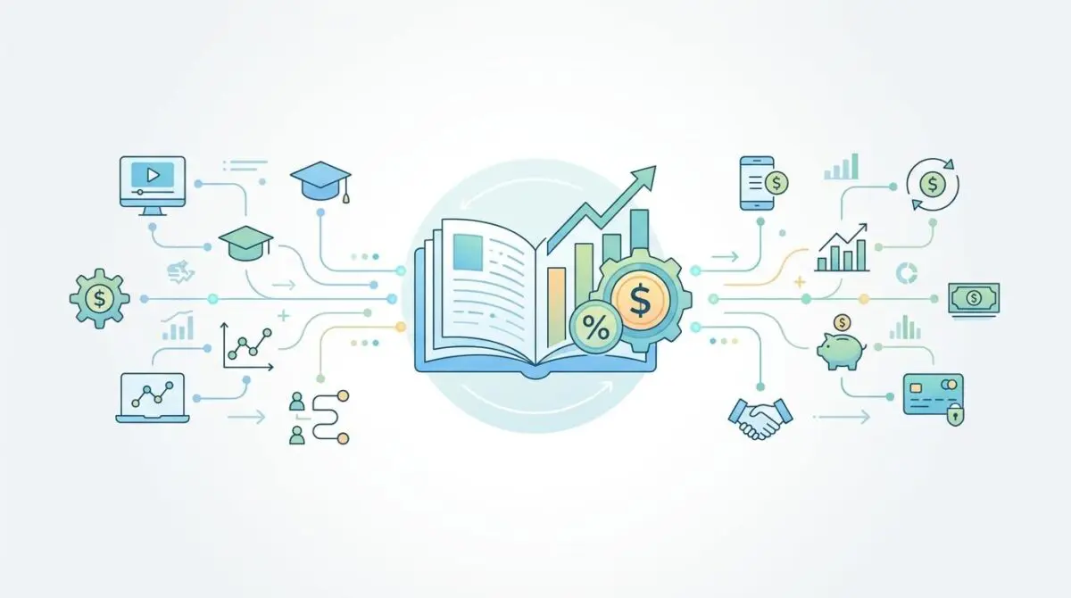 Conceptual illustration of ed-tech and FinTech intersection with education, finance, and growth icons.