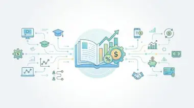 Conceptual illustration of ed-tech and FinTech intersection with education, finance, and growth icons.