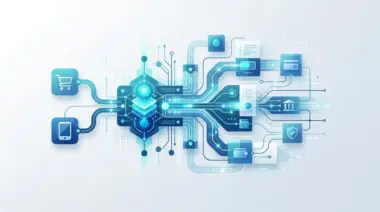 Abstract visualization of "Embedded Finance" connecting shopping cart, mobile, bank, and credit card icons.
