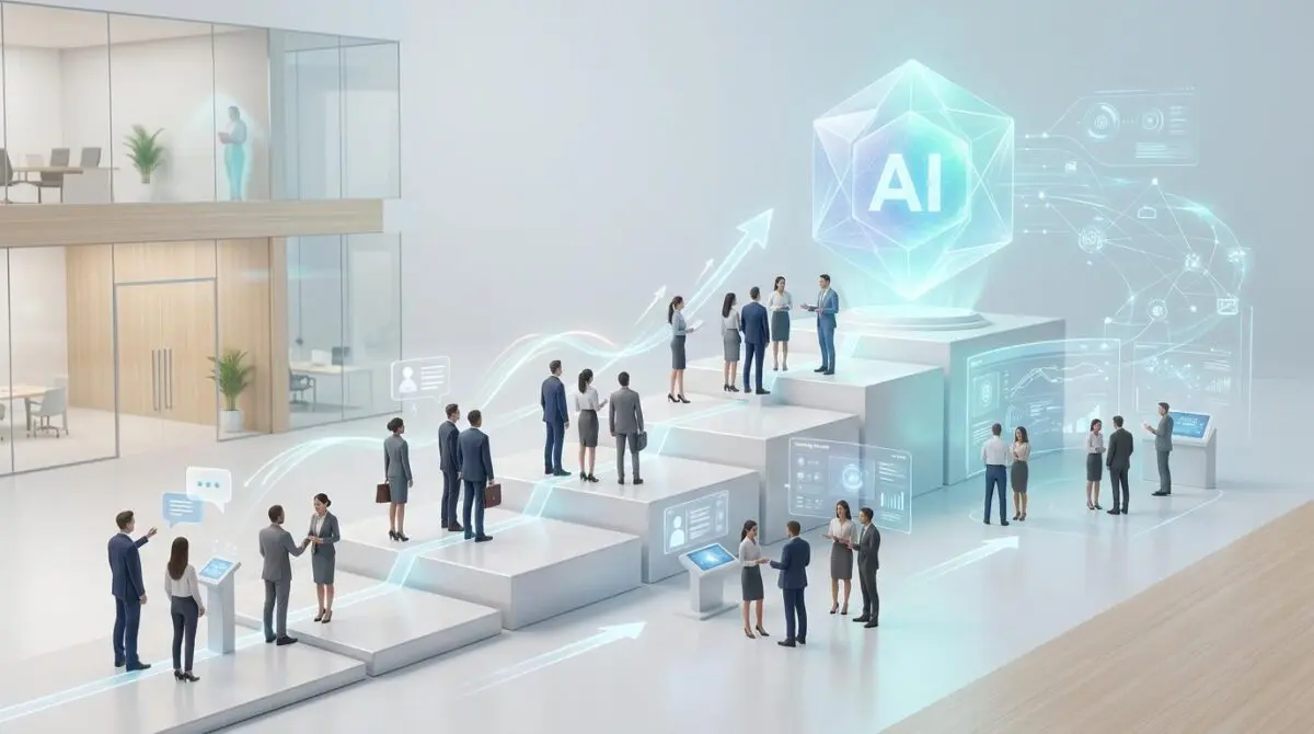 Business professionals collaborate on digital platforms, symbolizing best practices for managing change during enterprise AI adoption.