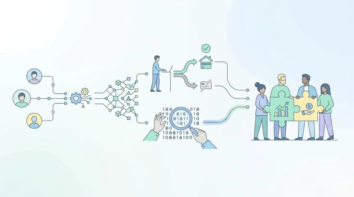 Conceptual image illustrating the ethical challenges and social impact of FinTech with data analysis and teamwork.