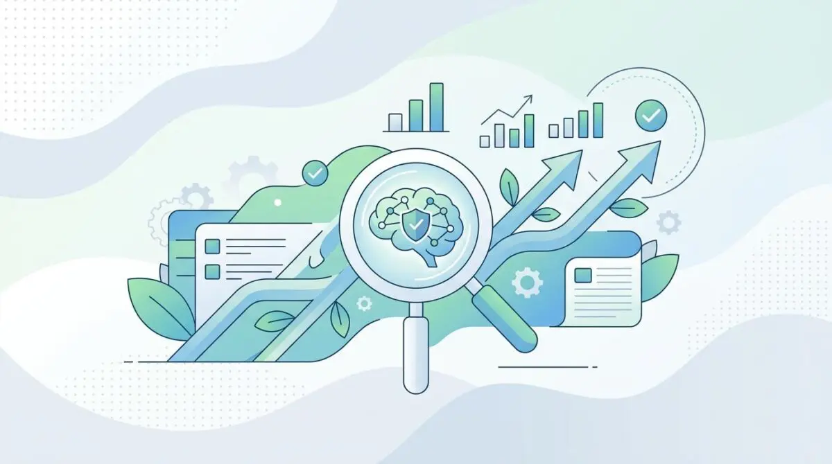 Magnifying glass over a secure AI brain, symbolizing ethical GEO optimization for AI search.
